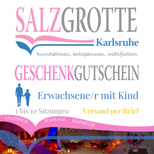 Gutschein für 45-minutige Sitzung in der Salzgrotte Karlsruhe für eine erwachsene Person mit Kind bis 16 Jahre. Versand per Brief.