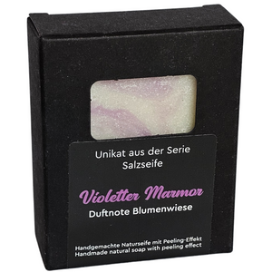 Salzseife Violetter Marmor mit Duftnote Blumenwiese, Peelingseife, 110g