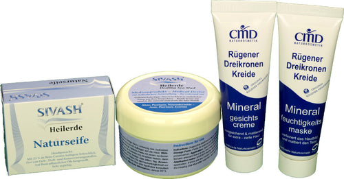 Set: Heilerde 250g + Naturseife 100g + Rügener Dreikronen Kreide Gesichtscreme 50ml + Feuchtigkeitsmaske 50ml